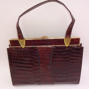 Vintage Dark Brown Vassar Genuine Alligator Purse Bag Handbag Gold Tone Trim